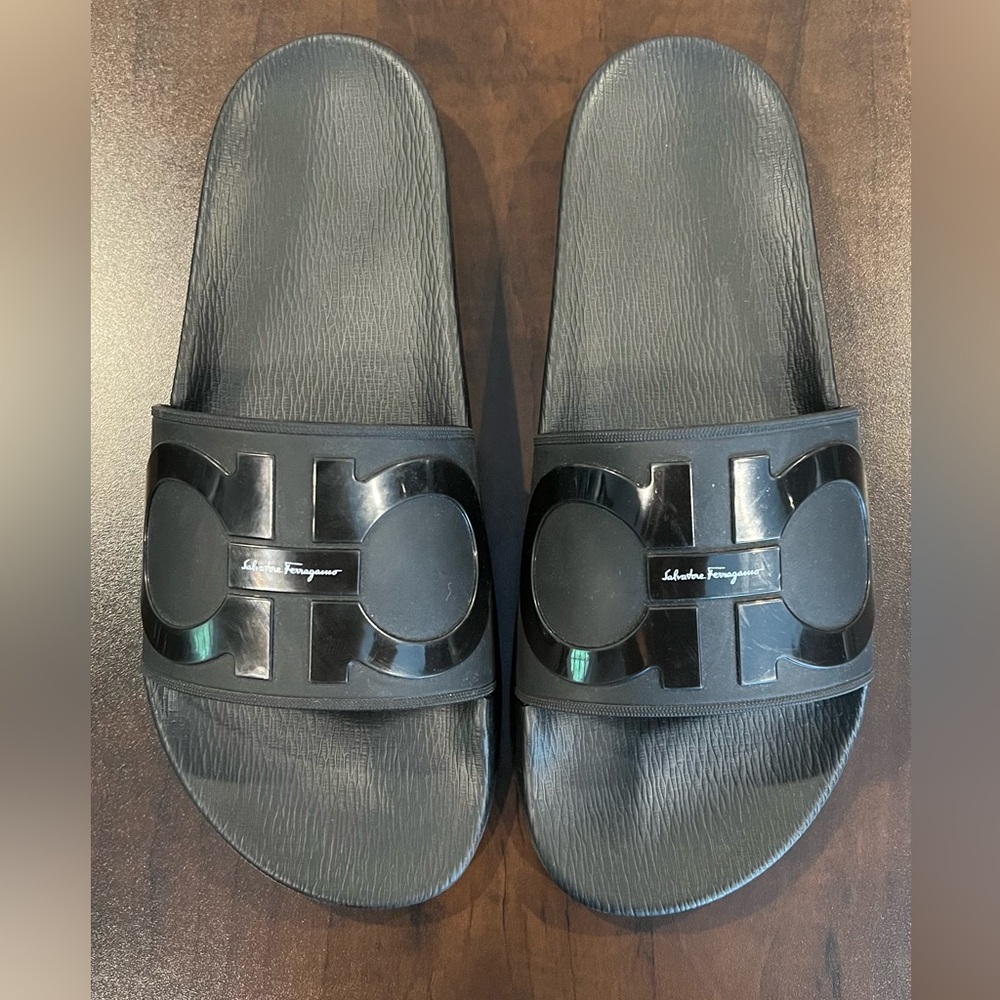 Ferragamo rubber slides, black, size 10 mens